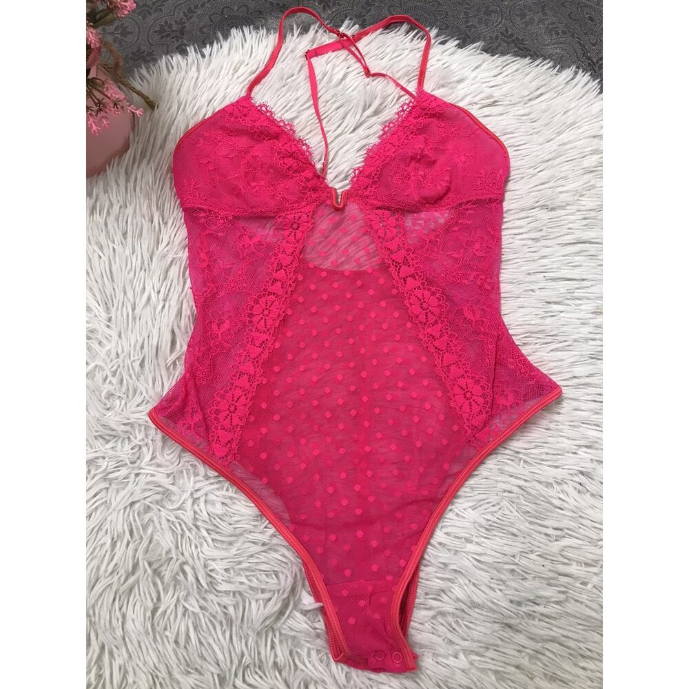 Women's Strappy Sz S Hot Pink Floral All Lace High Cut Teddy Lingerie Bodysuit